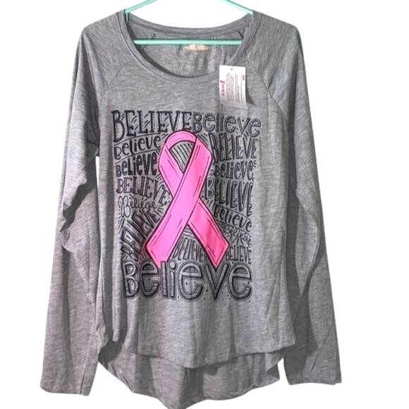 Live Breathe Fight Tops - Live Breathe Fight Gray Breast Cancer Awareness Long Sleeve Top With Pink Ribbon